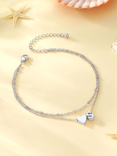 Initial Ankle Bracelets for Women, Dainty Stainless Steel Letter A-Z Layered Anklets, Heart Ankle Bracelet 8.5"-10.5" Adjustable, Summer Beach Jewelry, Come with Box - color: Silver, size: F