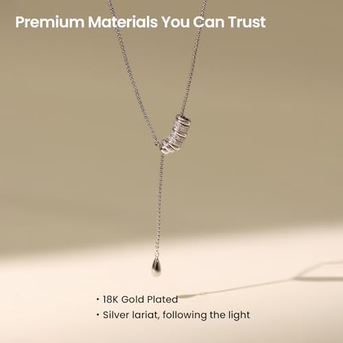 ARSIS Lariat Long Gold Necklace for Women, 18K Gold/Platinum Plated Y-Shaped Drop Dangle Pendant Necklace, Long Adjustable Pull Slider Chain Jewelry Gift for Her - color: Silver-teardrop slider