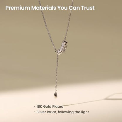 ARSIS Lariat Long Gold Necklace for Women, 18K Gold/Platinum Plated Y-Shaped Drop Dangle Pendant Necklace, Long Adjustable Pull Slider Chain Jewelry Gift for Her - color: Silver-teardrop slider