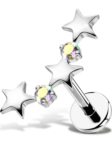 OUFER Body Piercing Star Helix Piercing Jewelry 18G Helix Earrings for Women 318L Stainless Steel Internally Thread Conch Helix Stud Flat Back Cartilage Earring for Women - color: Silver-AB CZ, size: 1.0*8mm