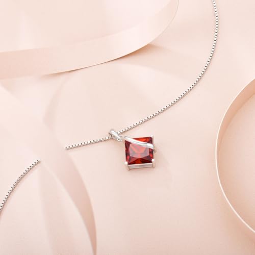 Square Princess Cut Necklace 925 Sterling Silver Solitaire Pendant Necklace Birthstone Jewelry Gifts for Women - color: 01 January - Garnet
