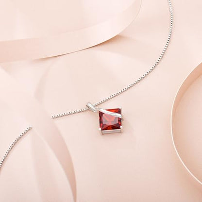 Square Princess Cut Necklace 925 Sterling Silver Solitaire Pendant Necklace Birthstone Jewelry Gifts for Women - color: 01 January - Garnet