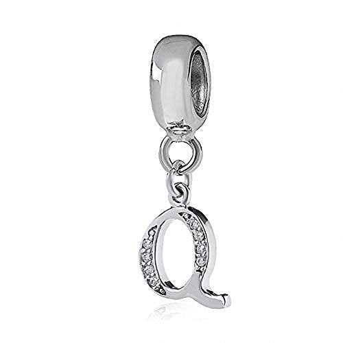 925 Sterling Silver Charms Alphabet Beads fit Pandora Charm Bracelets A-Z Letter Initial Spacer Dangle Clear CZ Stone Authentic for Snake Chain Bracelets - color: Q