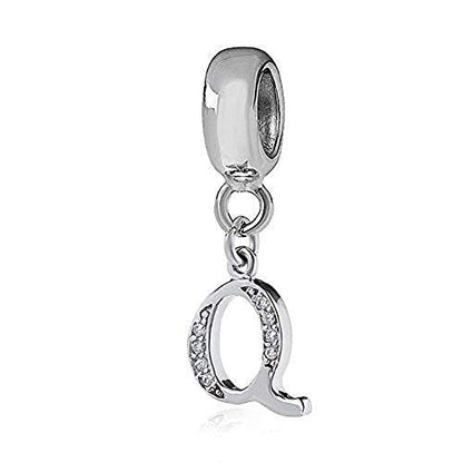 925 Sterling Silver Charms Alphabet Beads fit Pandora Charm Bracelets A-Z Letter Initial Spacer Dangle Clear CZ Stone Authentic for Snake Chain Bracelets - color: Q