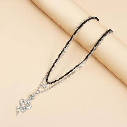 Snake Necklace for Women, Gothic Layered Chain with Star & Black Beads, Silver Tone Vintage Punk Choker for Daily & Party Wear
