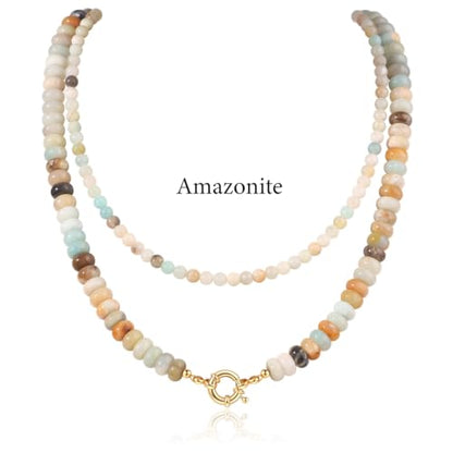 CASDAN 2Pcs Natural Gemstone Beaded Choker Necklaces for Women | Boho Colorful Beads Choker,Natural Stone Surfer Beach Necklaces,Handmade Summer Jewelry,Charm Trendy Necklaces - color: Earth Color