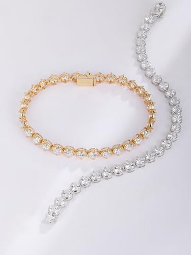 Sterling Silver 14K Gold Plated 2.5mm/3mm/4mm/5mm Round Cut Moissanite Tennis Bracelet, Classic Luxury Bezel Set Diamond Bracelets for Women Men Wedding Birthday Jewelry, Size 6.5" 7" 7.5" 8.3" - color: CZ-3mm Width-Silver, size: 7.5 Inch (Fit Wrist 6.5"-