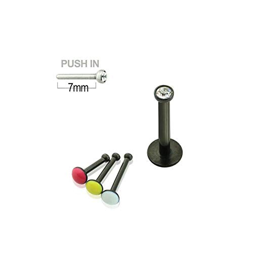 BodyJewelryOnline 316L Surgical Steel 16G Push in Flat Back Labret Studs Medusa Monroe Lip Rings press Fit Gem Cubic Zirconia CZ Nose Tragus Helix Earrings Piercing Jewelry 8mm - color: Black IP