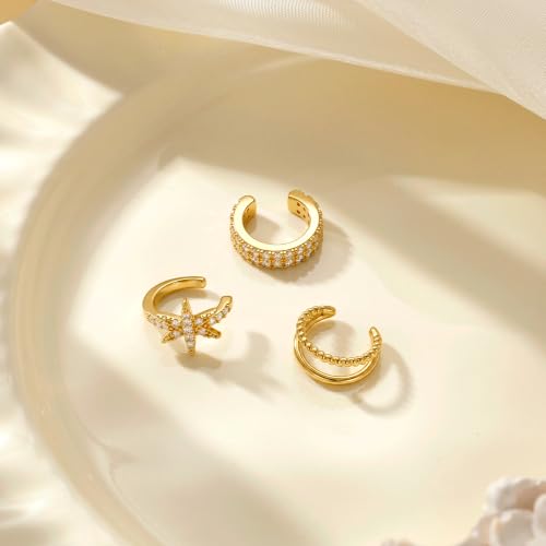 14K Gold Plated Layered Chunky Ear Cuff for Women Thick Ear Clips | Ear Cuff Earrings for Women,Hammered Texture design，Lightweight Hypoallergenic Ear Clips，trendy Jewelry for Daily Party Prom - color: gold 2