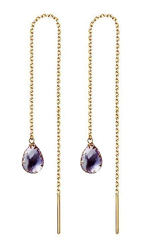 WANGGAO Stainless Steel Water Drop Long Chain Earrings for Women Linear Crystal Threader Earrings Jewelry - color: Purple