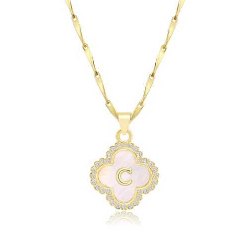 LETFLY 14K Four Leaf Clover Natural Shells Initial A-Z Necklaces for Women - color: Gold, style: Letter C