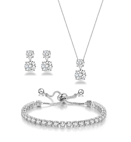 3-Piece Cubic Zirconia Wedding Jewelry Set for Women Bride Bridesmaid Gift | Hypoallergenic, Earrings Necklace Adjustable Bracelet for Prom Formal Parties - color: White Gold