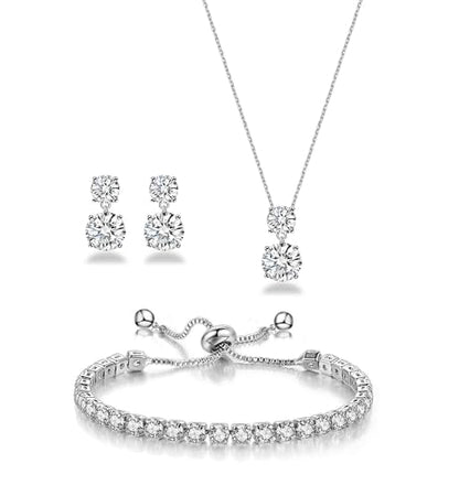 3-Piece Cubic Zirconia Wedding Jewelry Set for Women Bride Bridesmaid Gift | Hypoallergenic, Earrings Necklace Adjustable Bracelet for Prom Formal Parties - color: White Gold