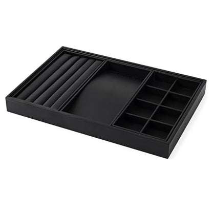 Oirlv Leather Multi-Function Jewelry Tray Black | Versatile Compartments for Rings/Earrings/Bracelets, Stackable Design - style: P01708