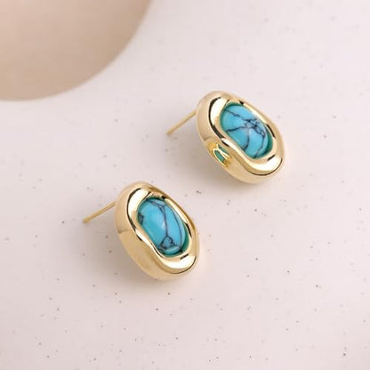 Jean Beau Chunky Gold Stone Stud Earrings for Women, Trendy Natural Gemstone Hypoallergenic Earing Valentine Jewelry Gift - color: Turquoise