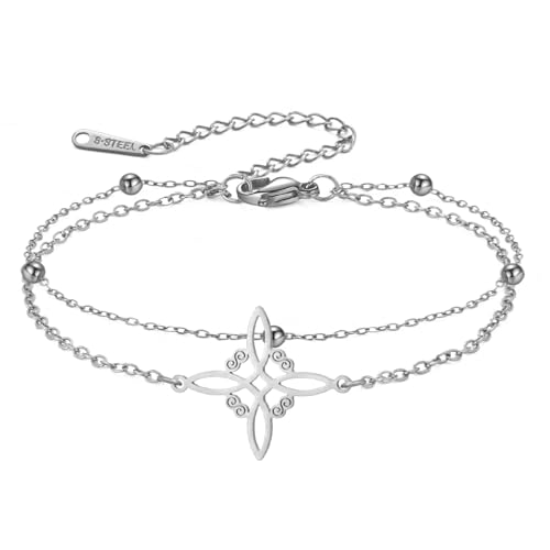 TEAMER Dainty Witches Knot Anklet Bracelet Stainless Steel Adjustable Double Layer Beads Chain Bracelet Amulet Vintage Jewelry For Women - color: Silver