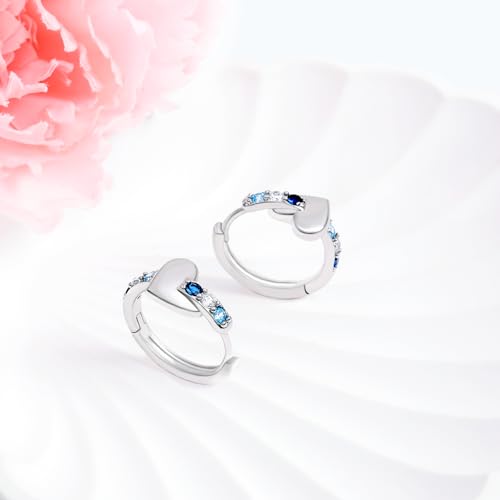 Heart Hoop Earrings with Blue Cubic Zirconia Sterling Silver Love Heart Huggie Earrings Cartilage Tiny Large Huggie Hoops Hypoallergenic for Sensitive Ear for Women Daughter Birthday Anniversary