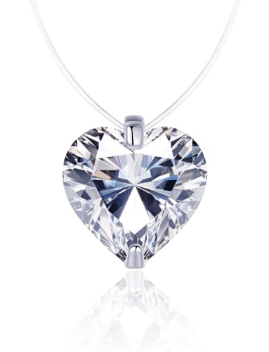Teardrop 925 Silver CZ Floating Pendant Necklace 16 Inch Cubic Zirconia Invisible Necklace, Hypoallergenic, Jewelry Gifts for Women Anniversary Birthday - color: Heart-Shaped