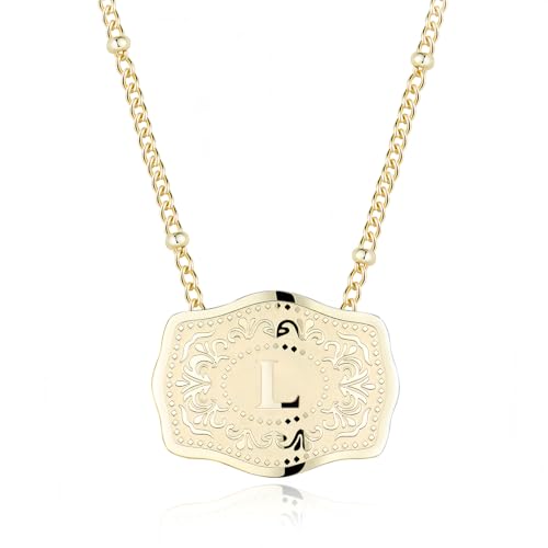 14K Gold-Plated Initial Necklace for Women, Western Belt Buckle Letter Pendant, Alphabet Necklace Includes 2 Chains, Cowgirl Jewelry Gift - color: L