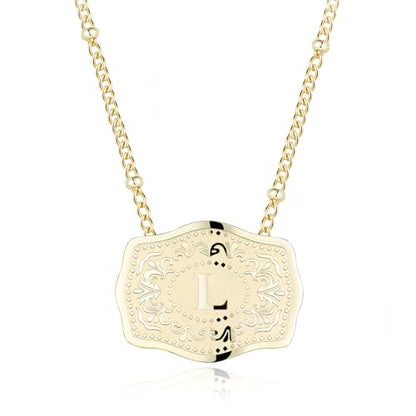 14K Gold-Plated Initial Necklace for Women, Western Belt Buckle Letter Pendant, Alphabet Necklace Includes 2 Chains, Cowgirl Jewelry Gift - color: L
