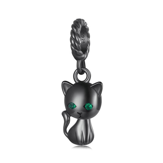 BISAER 925 Sterling Silver Charms for Bracelets Cat Dog Sloth Animal Beads Butterfly Fairy Heart Dangle Pendant Charms - color: Lovely Black Cat