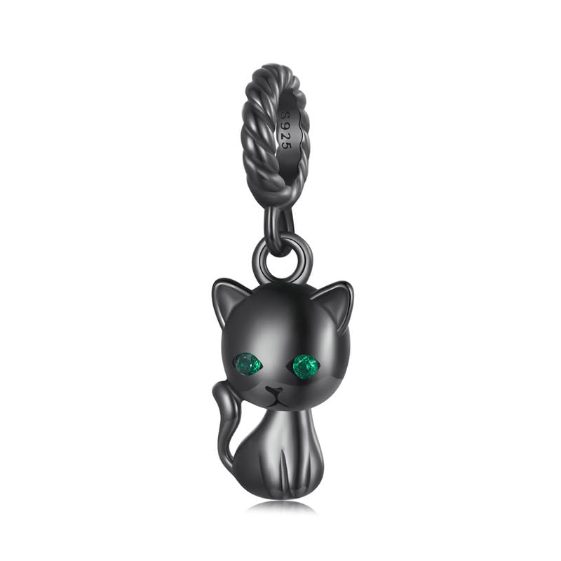 BISAER 925 Sterling Silver Charms for Bracelets Cat Dog Sloth Animal Beads Butterfly Fairy Heart Dangle Pendant Charms - color: Lovely Black Cat