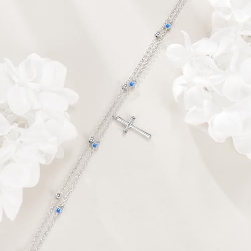 LUHE Cross Ankle Bracelets Sterling Silver Religius Double Chain Anklets Christian Baptism Layered Anklet Jewelry Gifts for Women - style: Simple cross anklet