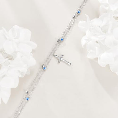 LUHE Cross Ankle Bracelets Sterling Silver Religius Double Chain Anklets Christian Baptism Layered Anklet Jewelry Gifts for Women - style: Simple cross anklet