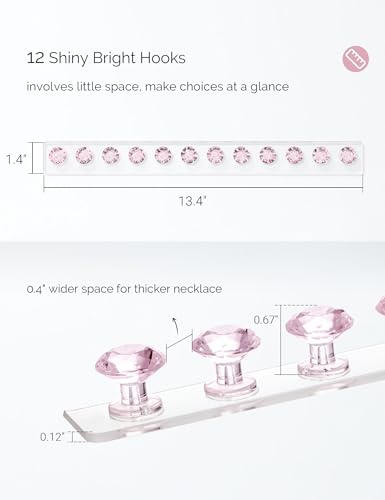 Necklace Holder Wall Mounted Necklace Hanger Hanging Necklace Organizer | Acrylic Jewelry Hanger with 12 Hooks, Jewelry Hooks for Necklaces/Bracelets, Jewelry Wall Organizer - color: Pink – 2Pack