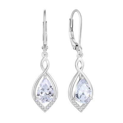 Infinity Teardrop Earrings 925 Sterling Silver Dangle Drop Leverback Earrings Birthstone Jewelry for Women - color: Clear White
