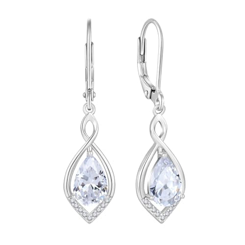 Infinity Teardrop Earrings 925 Sterling Silver Dangle Drop Leverback Earrings Birthstone Jewelry for Women - color: Clear White