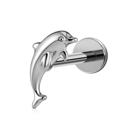 FINE4U 1PC 16G ASTM F136 Titanium Octopuses Piercings Jewelry with 6mm 8mm Post for Conch Helix Flat Labret 16G 6mm 8mm - color: Dolphins - Tit