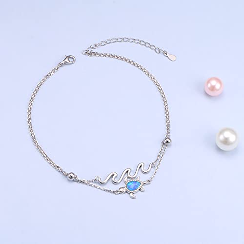 Flyow Anklet for Women S925 Sterling Silver Adjustable Foot Beaded Heart Charm Ankle Bracelet Anklets Jewelry - style: opal turtle