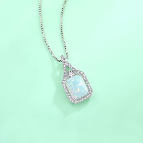 Created Gemstone Necklace 925 Sterling Silver Halo Rectangular Pendant Birthstone Necklaces Jewelry Gifts for Women - color: 10 October - White Opal