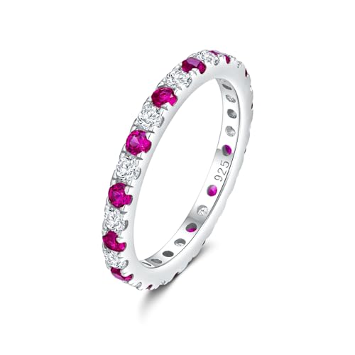 DAYBYDAY Sapphire/Emerald/Ruby Full Eternity Band Rings for Women, 2.4mm Thin Birthstone Stackable Rings, 925 Sterling Silver/14K Gold Plated Gemstone Wedding Band Anniversary Ring Size 6 to 10 - color: 07. Red Ruby & Cz, July