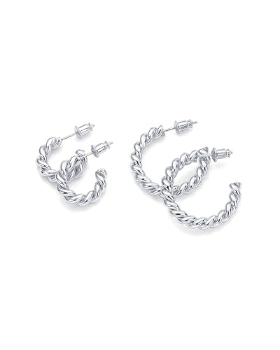 PAVOI 14K Gold Plated Twisted Rope Round Hoop Earrings - color: White Gold, size: 25 MM