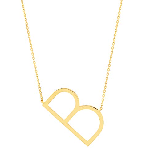 MAX + STONE 14k Gold Plated Sterling Silver Large Sideways Block Initial Letter Pendant Necklace for Woman with 16 Inches to 18 Inches Adjustable Chain and Spring Ring Clasp - style: Letter B