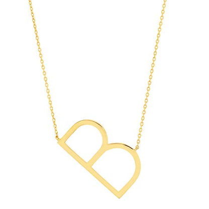 MAX + STONE 14k Gold Plated Sterling Silver Large Sideways Block Initial Letter Pendant Necklace for Woman with 16 Inches to 18 Inches Adjustable Chain and Spring Ring Clasp - style: Letter B