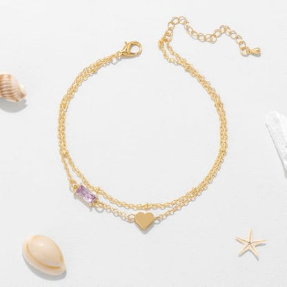 Birthstone Anklet with Heart Charm Layer Ankle Bracelet for Women, 14K Gold Plated Adjustable Chain Stackable Trendy Jewelry Gift for Her, Mom, Friend, Wife - style: 6-June