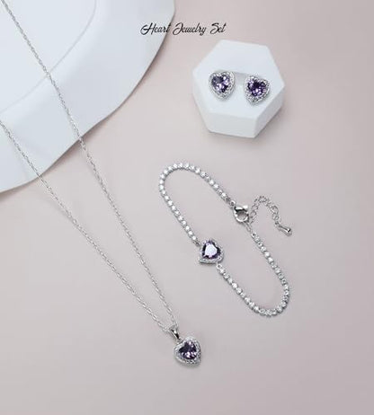 Cubic Zirconia LOVE Heart Jewelry Set Earrings Necklace Bracelet Set for Women Prom Wedding Party Anniversary Birthday - color: Purple
