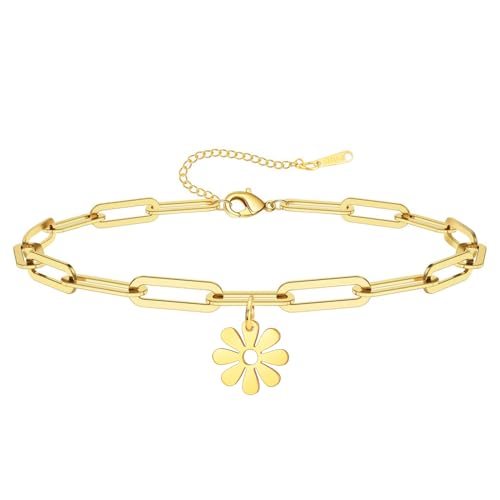 Dreamtimes Daisy Flower Anklets for Women Leaf Anklet Dainty Beach Anklet Jewelry Stainless Steel Adjustable Foot Chain Summer Boho Charm Foot Ankle Bracelet Jewelry - color: Daisy-Gold