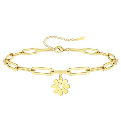 Dreamtimes Daisy Flower Anklets for Women Leaf Anklet Dainty Beach Anklet Jewelry Stainless Steel Adjustable Foot Chain Summer Boho Charm Foot Ankle Bracelet Jewelry - color: Daisy-Gold