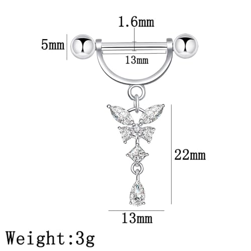 14G Butterfly Dangle Nipple Rings Stainless Steel Clear CZ Nipplerings D-shaped Nipple Barbell Pink White Butterfly Nipple Piercing Jewelry - color: Pink