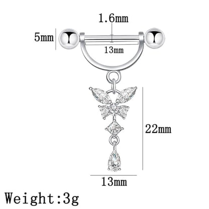 14G Butterfly Dangle Nipple Rings Stainless Steel Clear CZ Nipplerings D-shaped Nipple Barbell Pink White Butterfly Nipple Piercing Jewelry - color: Pink