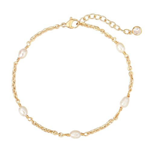Gold Chain Bracelet for Women, 14K Gold Plated | Dainty Bracelets with Adjustable Chain, Trendy Jewelry Gift for Women - style: Pearl chain 3