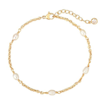 Gold Chain Bracelet for Women, 14K Gold Plated | Dainty Bracelets with Adjustable Chain, Trendy Jewelry Gift for Women - style: Pearl chain 3