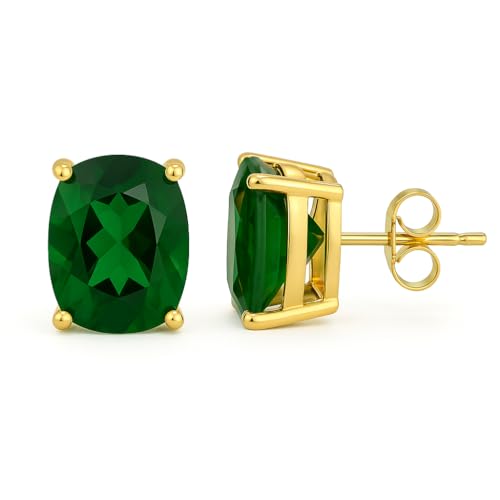 Women's 18K Gold Plated 8x10mm Princess Cut Gemstone Stud Earrings – Birthstone Jewelry for Her – Classic Cushion Studs - color: Emerald