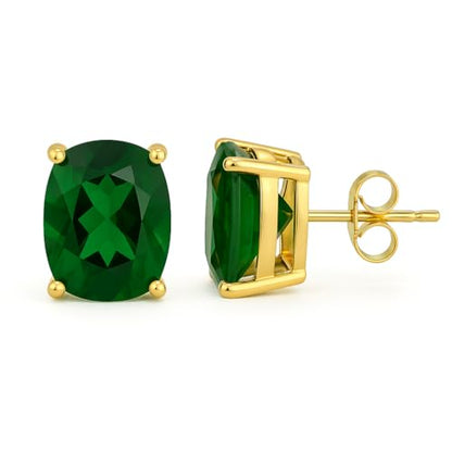 Women's 18K Gold Plated 8x10mm Princess Cut Gemstone Stud Earrings – Birthstone Jewelry for Her – Classic Cushion Studs - color: Emerald