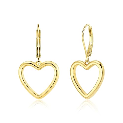 14K Gold Plated 925 Sterling Silver Openwork Love Heart Dangle Earrings, Leverback Huggie Hoop Hypoallergenic Trendy Earrings for Women - color: 14K Gold-B