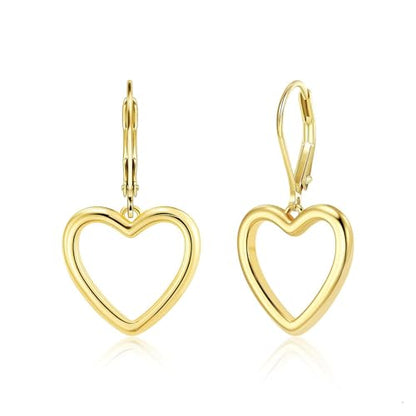 14K Gold Plated 925 Sterling Silver Openwork Love Heart Dangle Earrings, Leverback Huggie Hoop Hypoallergenic Trendy Earrings for Women - color: 14K Gold-B